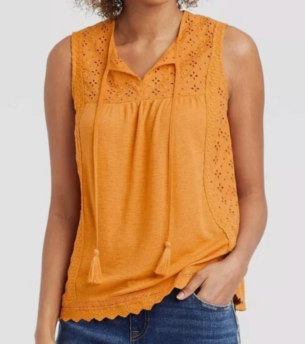 Knox Rose Women's  Solaris Orange Eyelet Lace Rib Knit Tank Top, Large